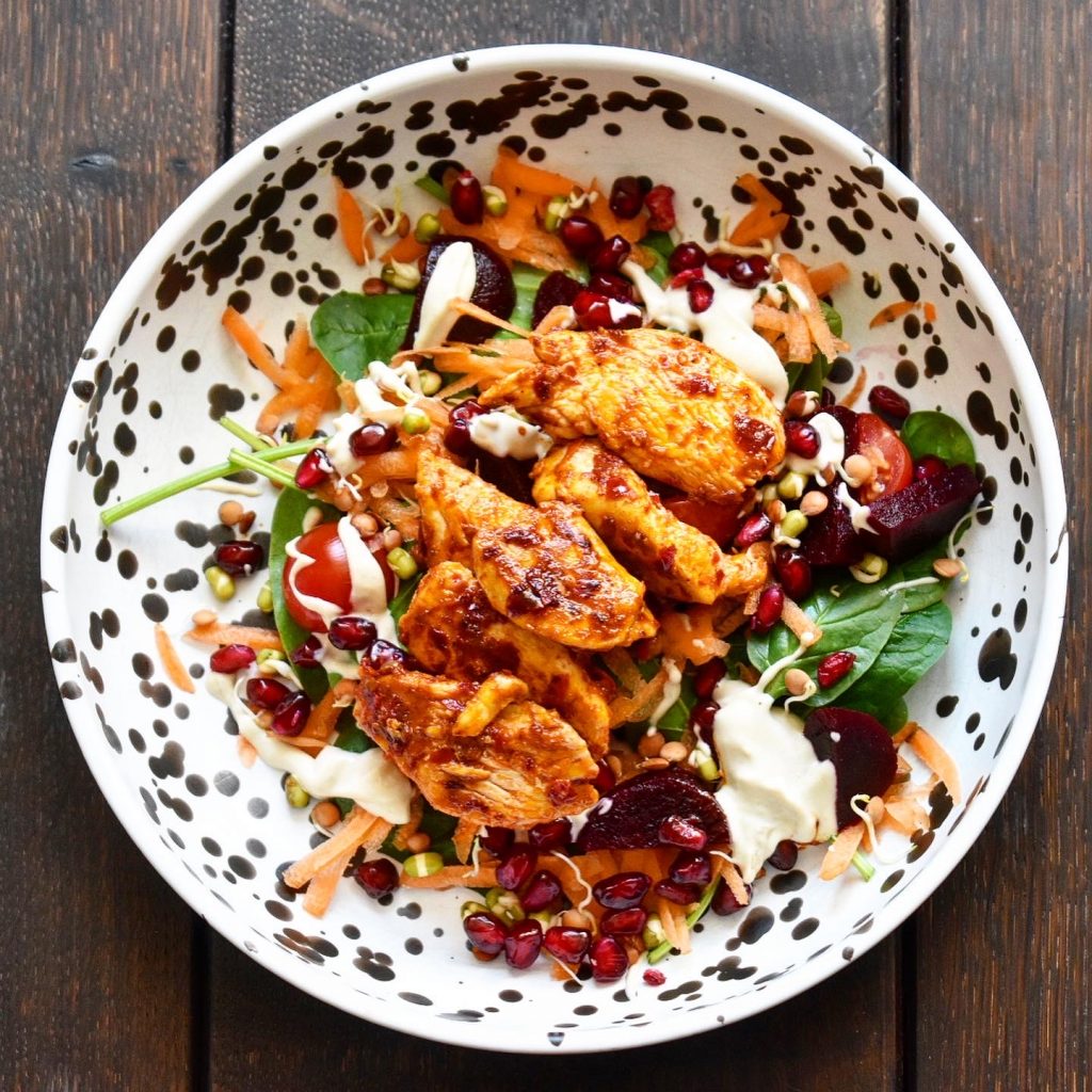 Harissa Chicken with Tahini and Pomegranate Salad